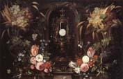 Jan Van Kessel Still life of various flowers and grapes encircling a reliqu ary containing the host,set within a stone niche oil painting image